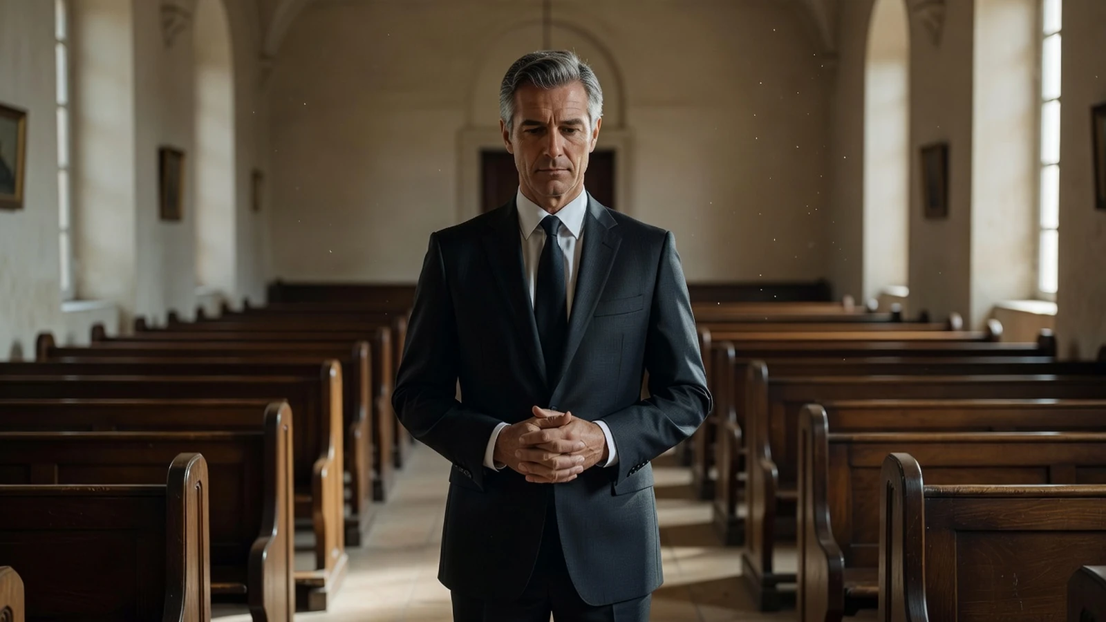 Thanatopracteur expérimenté en costume sombre adoptant une posture respectueuse dans une chapelle funéraire.