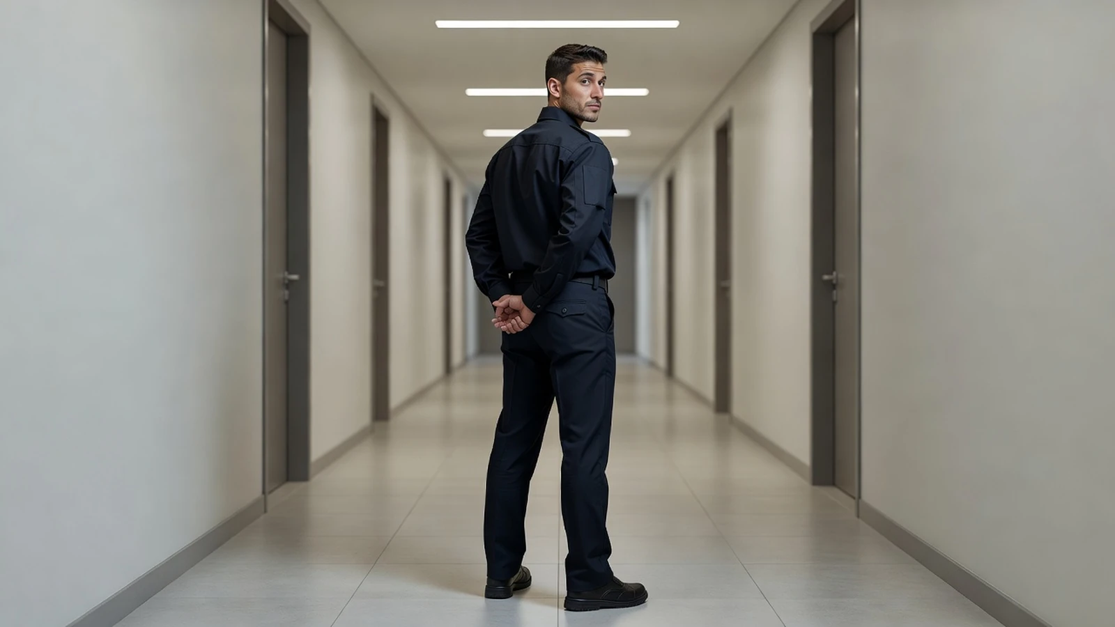 Agent de sécurité en posture de surveillance active lors d'une formation pratique