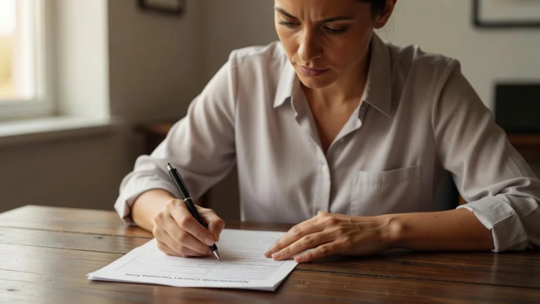 Une femme reporte avec précision les informations de l’entreprise et de l’apprenti sur le formulaire de résiliation.