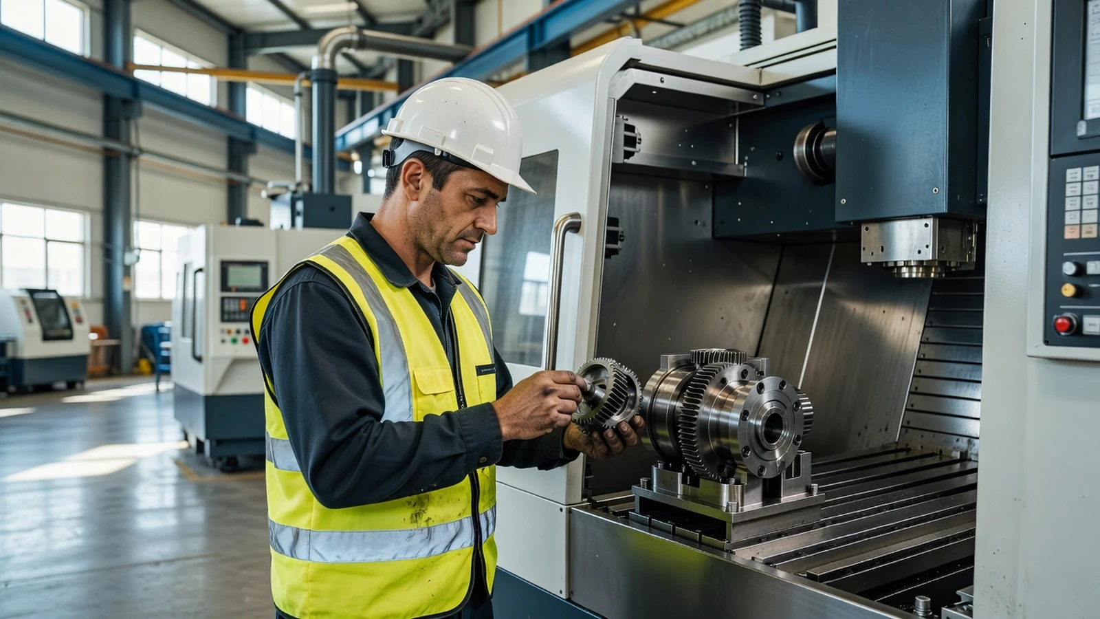 Un technicien examine de près les composants d'une machine dans un atelier de production.