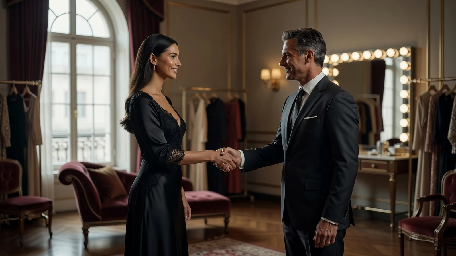 Une mannequin professionnelle serrant la main de son agent dans un salon d'essayage luxueux après la conclusion d'un contrat.