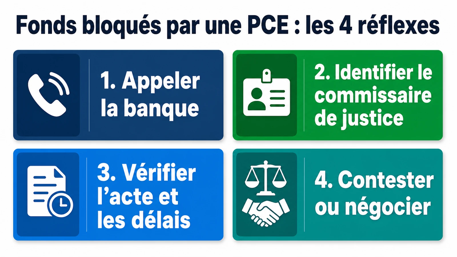 Infographie des quatre réflexes face à un blocage des fonds par PCE