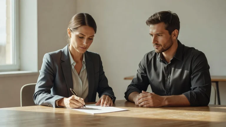 Une salariée signe sa lettre de démission devant son employeur dans un espace neutre.