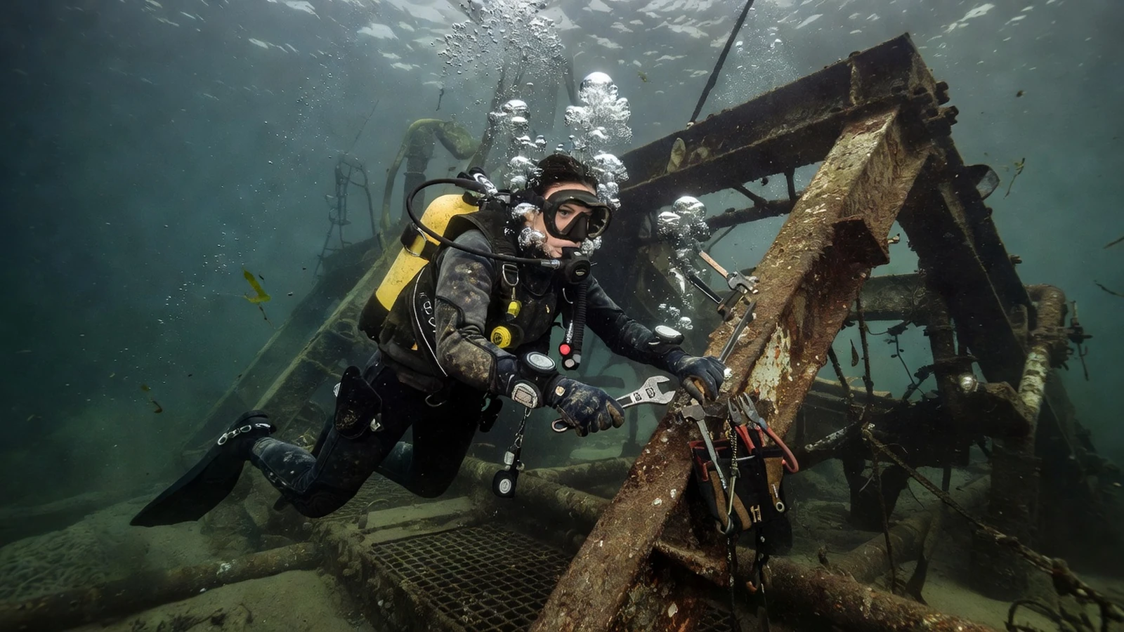 Plongeuse professionnelle intervenant sur une structure immergée lors d'un chantier sous-marin.