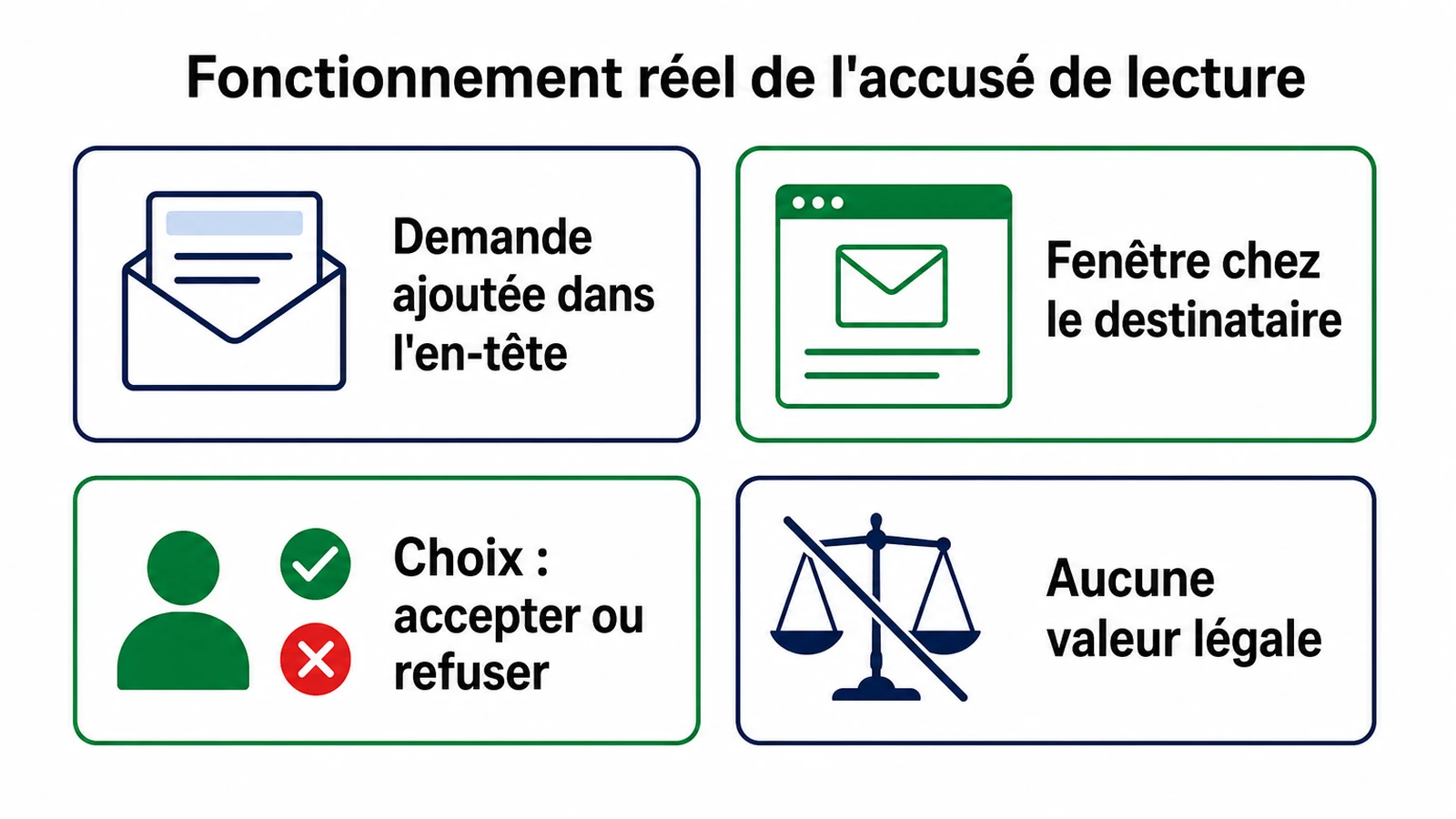 Schéma des quatre étapes concrètes de la demande d'accusé de réception par email.