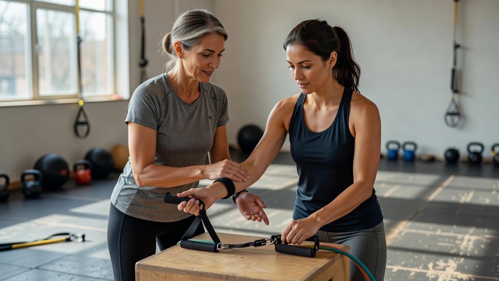 Une formatrice observe et corrige une apprenante adulte pendant un exercice pratique en atelier.