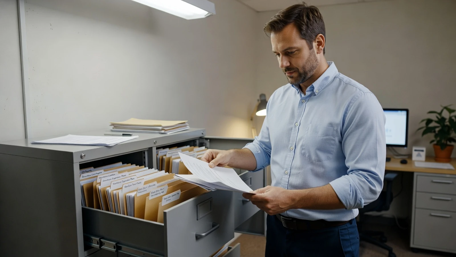 Un entrepreneur classe ses dossiers pour retrouver le bon identifiant par établissement.