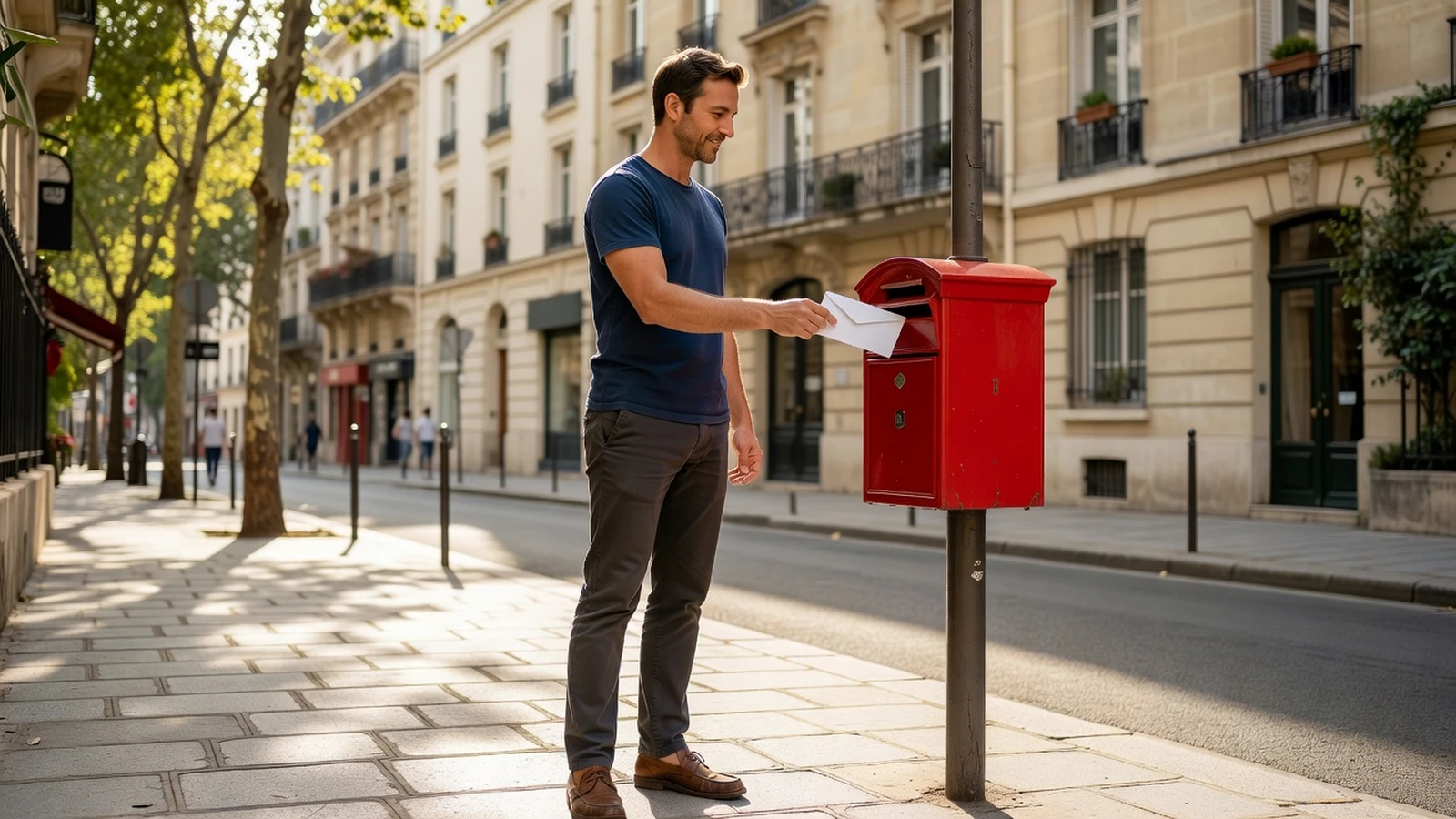 Un homme poste sa lettre recommandée dans une boîte aux lettres de rue pour un envoi sécurisé.