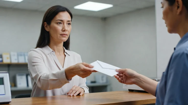 Une femme confie son courrier recommandé au guichet afin d'obtenir un accusé de réception officiel.
