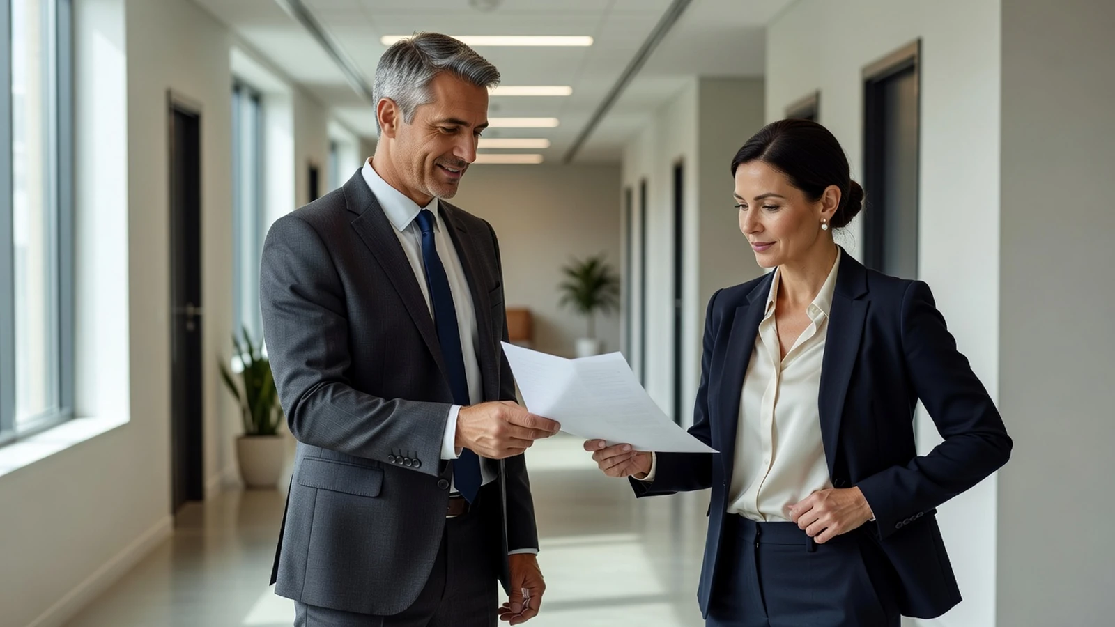 Un responsable remettant une note imprimée à une collaboratrice dans un couloir professionnel.