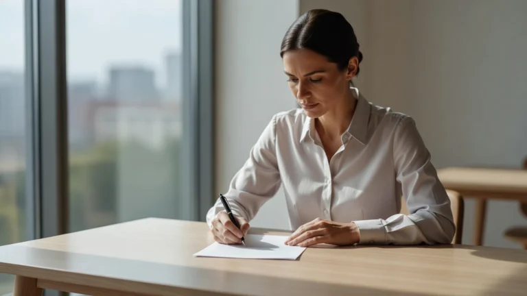 Une professionnelle concentrée en train de rédiger les consignes d'une note officielle sur papier.