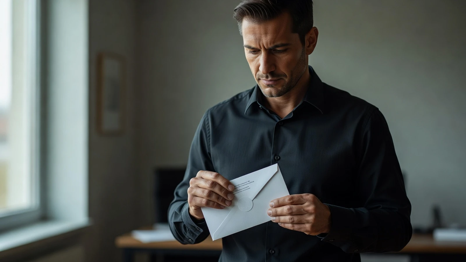 Un homme glisse le formulaire signé dans une enveloppe avant de l’envoyer aux services compétents.