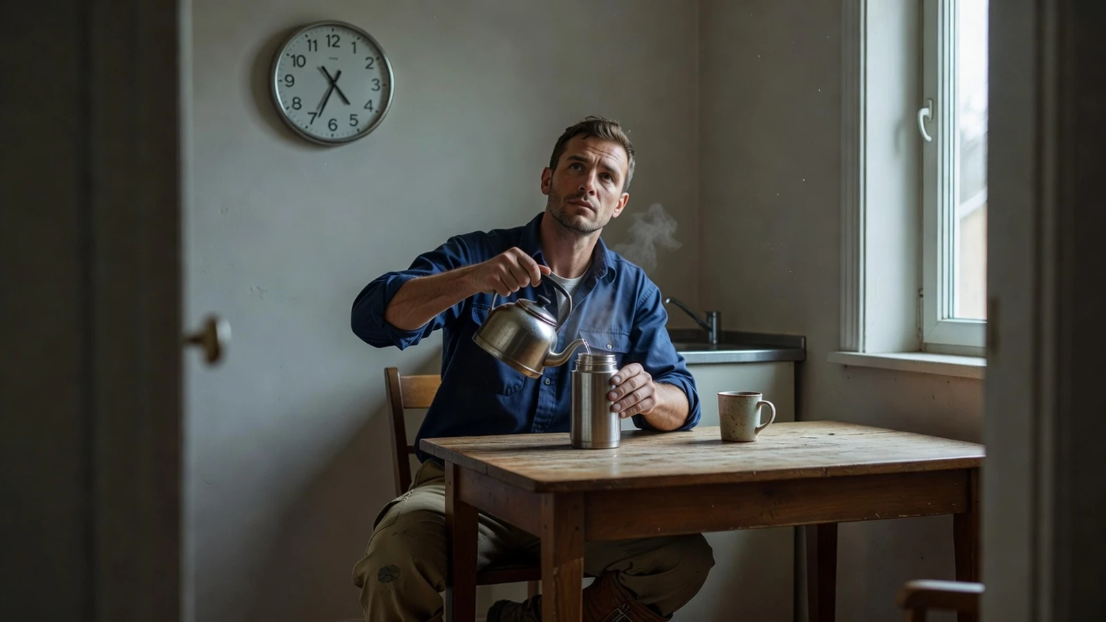 Salarié vérifiant l'heure avant de partir pour son poste matinal en rythme 2x8.