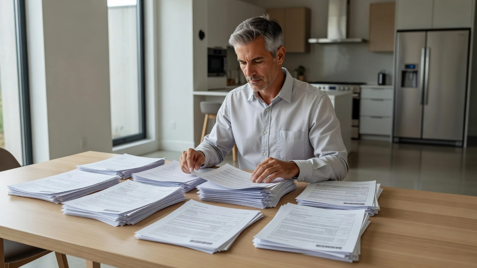 Un indépendant trie ses relevés bancaires et avis d'imposition sur la table de la cuisine.