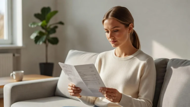 Une salariée examine ses bulletins de paie avec sérénité dans son salon avant archivage.