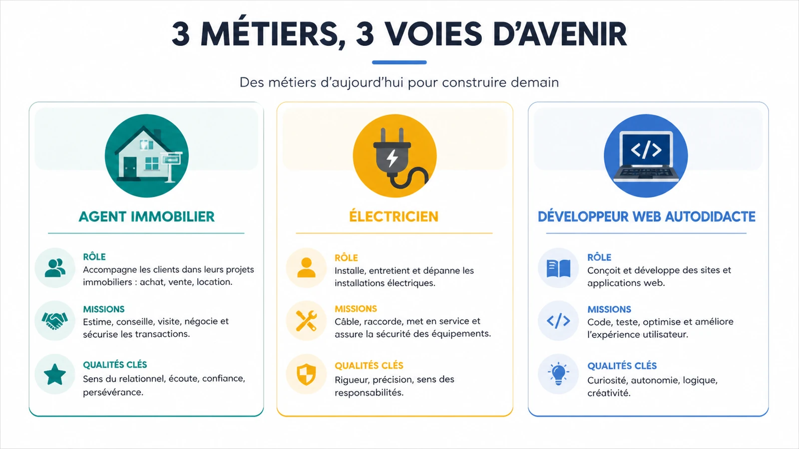 Comparaison des salaires nets et durées de formation pour les métiers accessibles sans diplôme.
