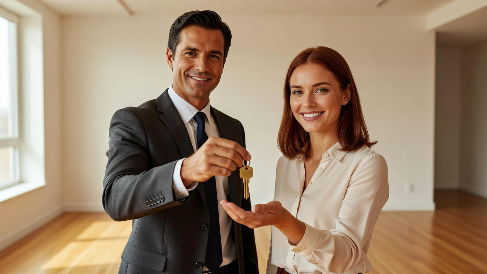 Un agent immobilier remet les clés d'un appartement à sa nouvelle propriétaire.