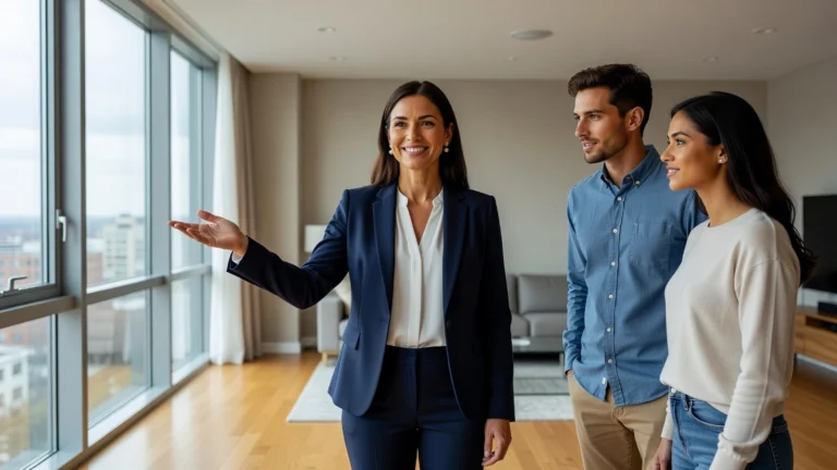 Une agente immobilière présente les caractéristiques d'un appartement à un couple de clients.