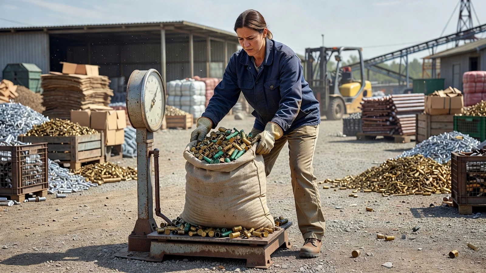 Une femme positionne un sac de laiton trié sur une balance industrielle.