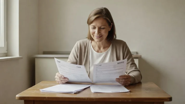 Une femme examine ses documents RQTH et les courriers de la CAF pour vérifier ses droits aux allocations.