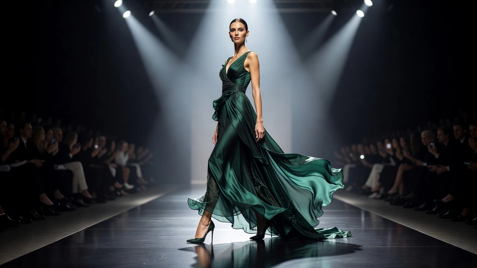 Une mannequin avançant avec assurance sur le podium d'un défilé haute couture sous les projecteurs.